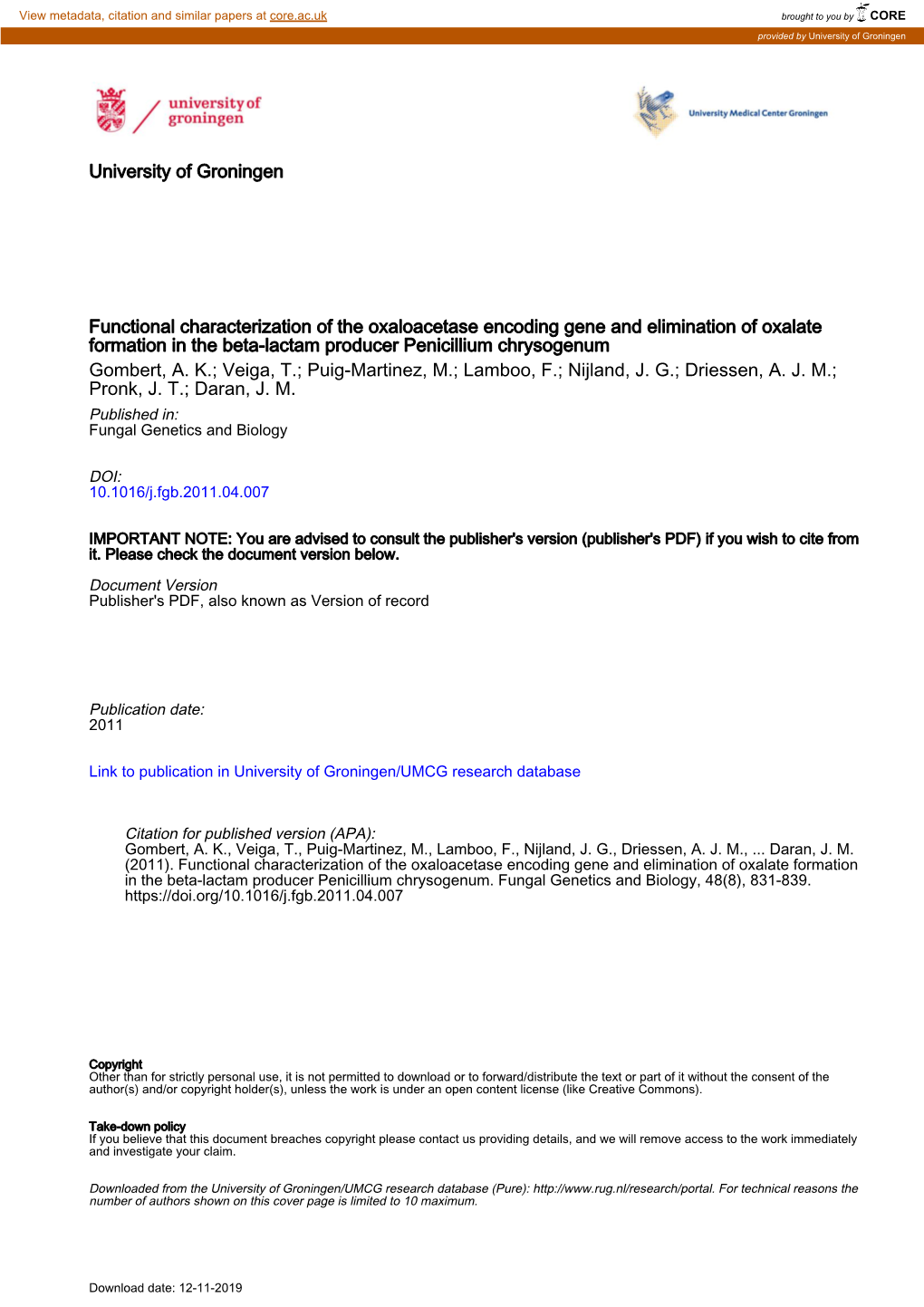 Functional Characterization of the Oxaloacetase Encoding Gene and Elimination of Oxalate Formation in the Beta-Lactam Producer Penicillium Chrysogenum Gombert, A