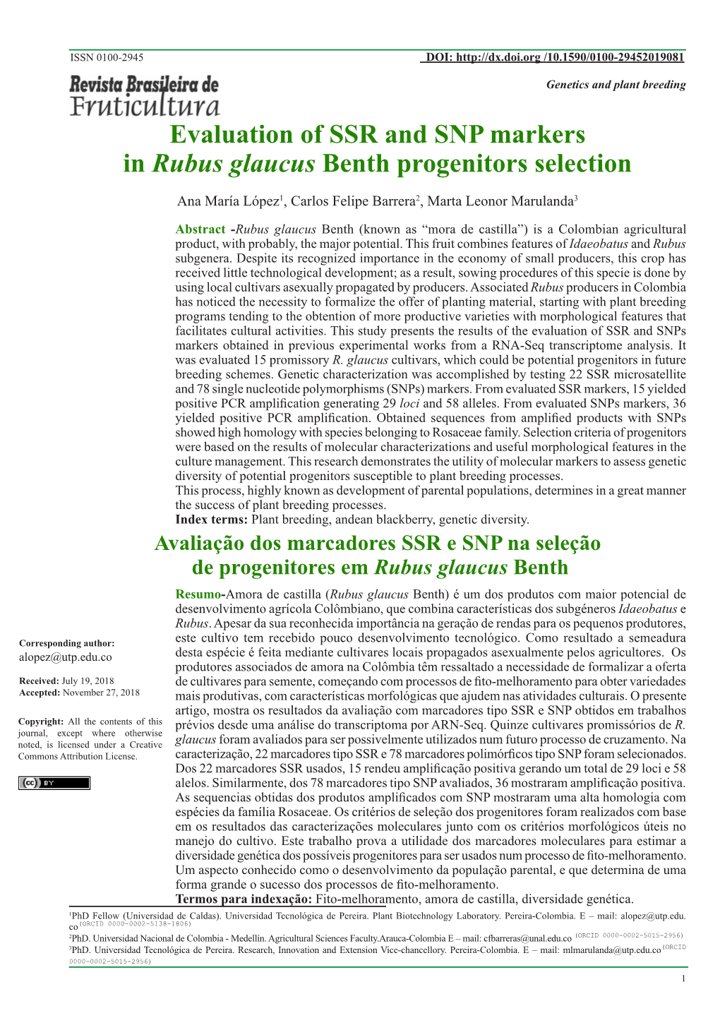 Evaluation of SSR and SNP Markers in Rubus Glaucus Benth Progenitors Selection