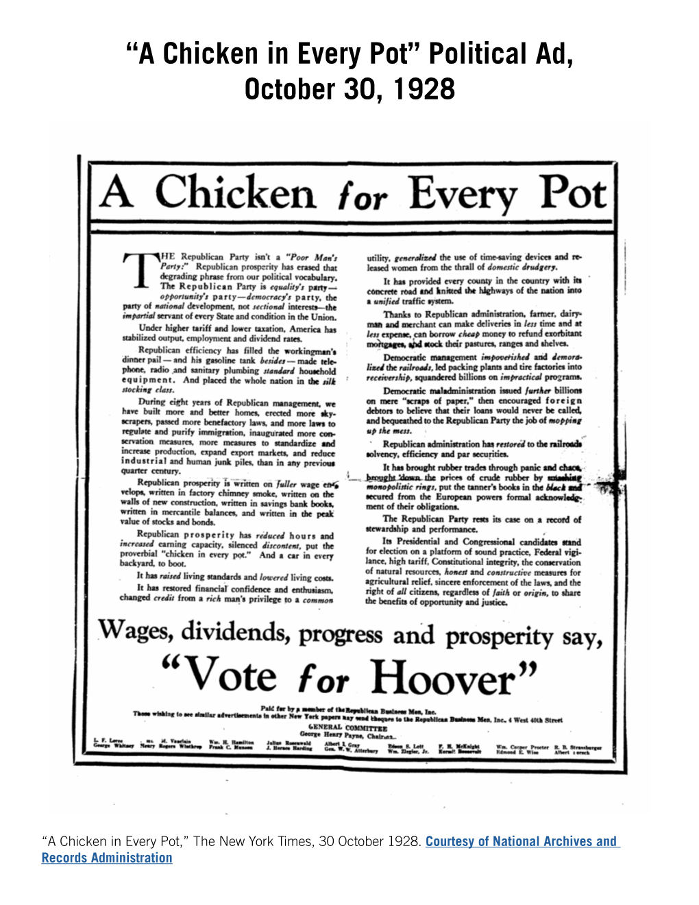“A Chicken in Every Pot” Political Ad, October 30, 1928