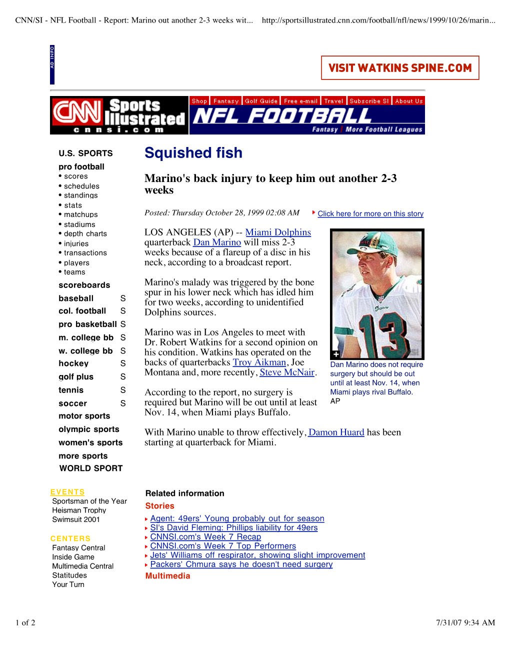 NFL Football - Report: Marino out Another 2-3 Weeks Wit