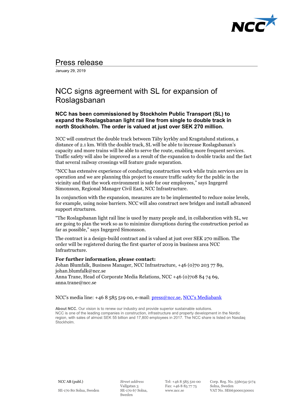 Press Release NCC Signs Agreement with SL for Expansion Of