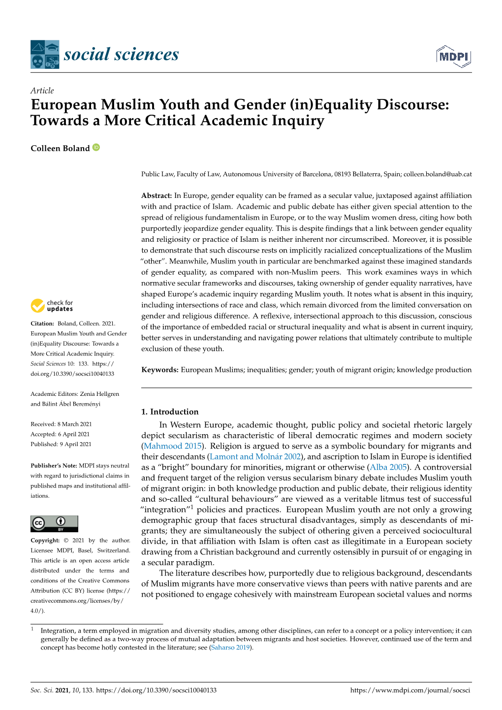 European Muslim Youth and Gender (In)Equality Discourse: Towards a More Critical Academic Inquiry