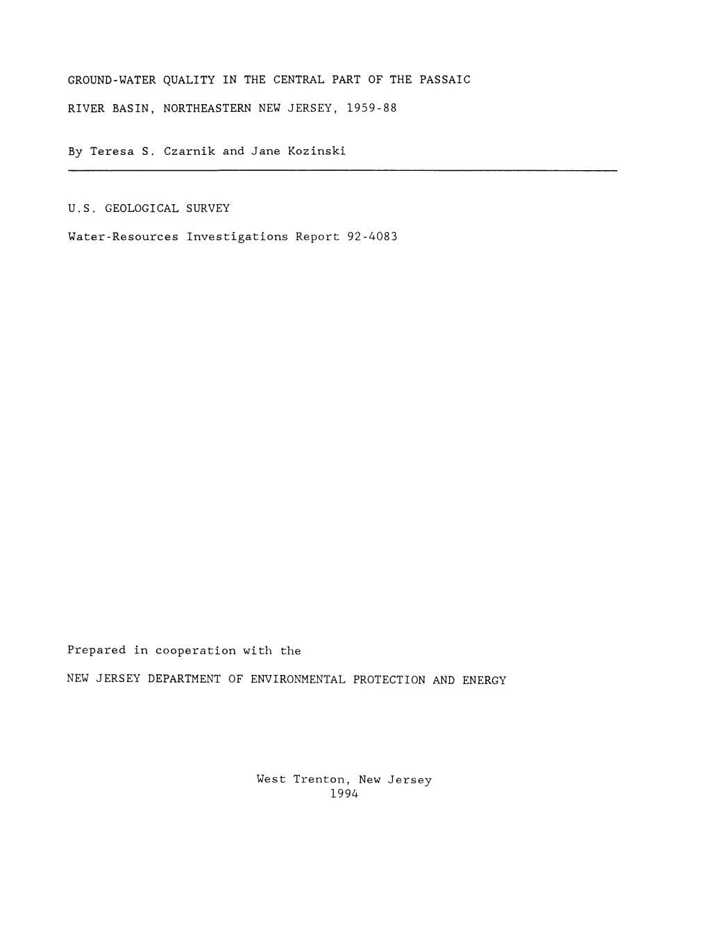 Ground-Water Quality in the Central Part of the Passaic River Basin, Northeastern New Jersey, 1959-88