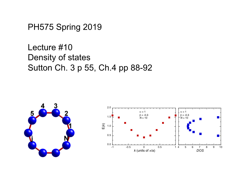 PH575 Spring 2019 Lecture #10 Density of States Sutton Ch. 3 P 55