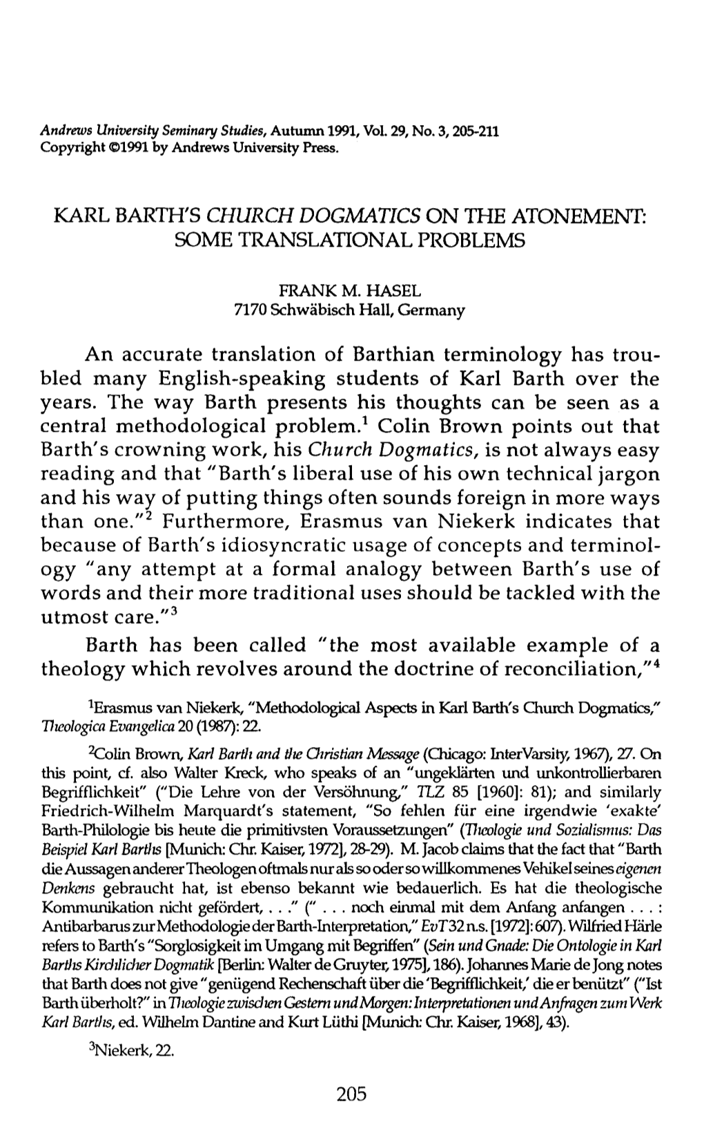 Karl Barth's Church Dogmatics on the Atonement: Some Translational Problems