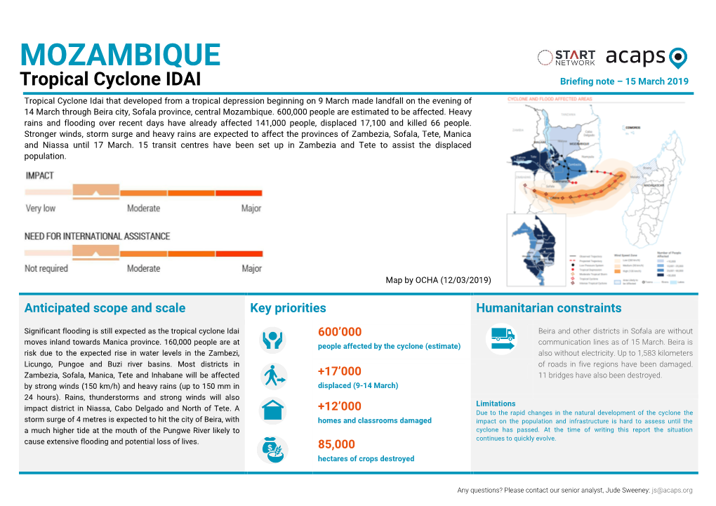 MOZAMBIQUE Tropical Cyclone IDAI Briefing Note – 15 March 2019