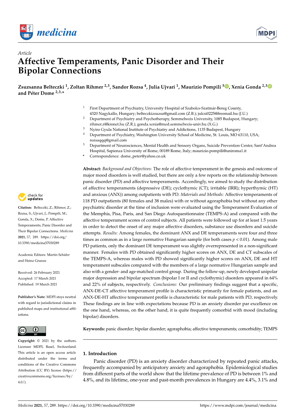 Affective Temperaments, Panic Disorder and Their Bipolar Connections