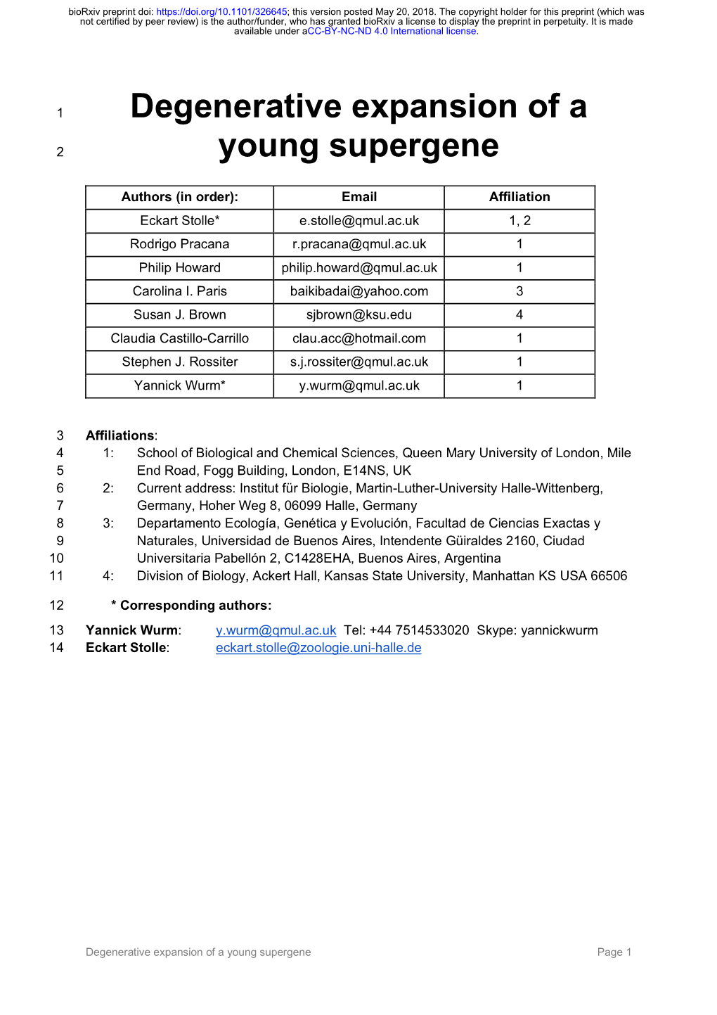 Degenerative Expansion of a Young Supergene Page 1 Biorxiv Preprint Doi: This Version Posted May 20, 2018