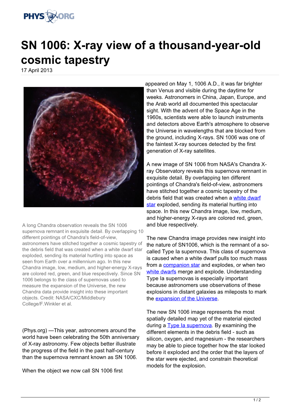 SN 1006: X-Ray View of a Thousand-Year-Old Cosmic Tapestry 17 April 2013