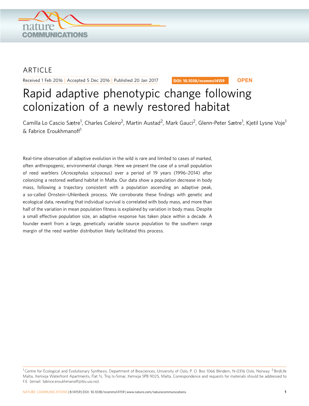 Rapid Adaptive Phenotypic Change Following Colonization of a Newly Restored Habitat