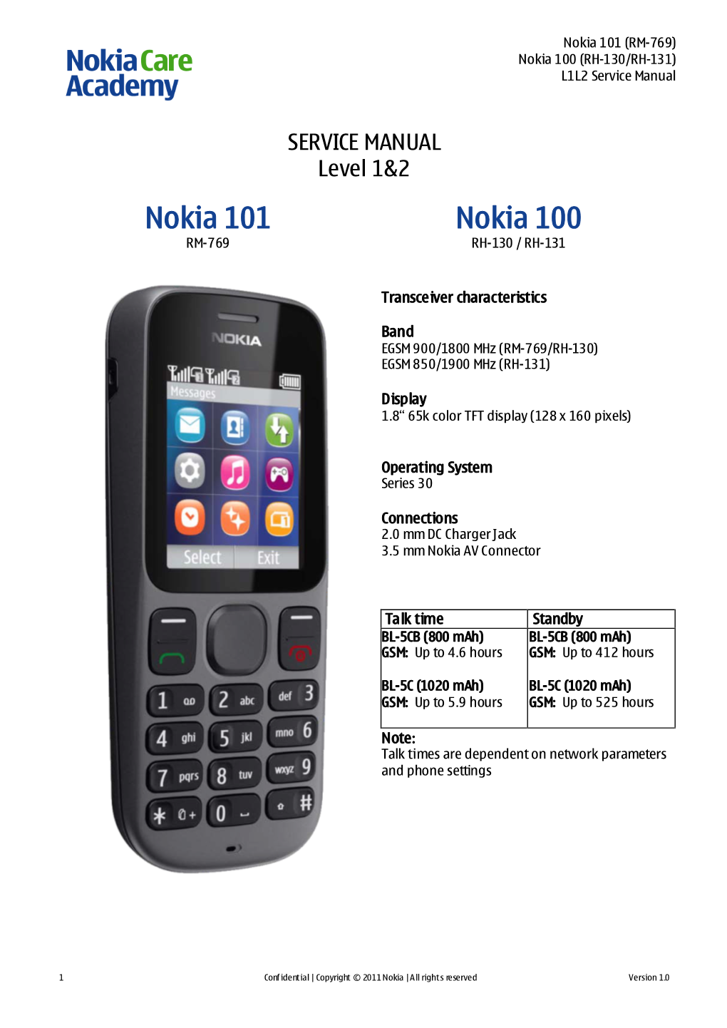 Nokia 101 / 100 RM-769 / RH-130 / RH-131 Service Manual Level 1&2