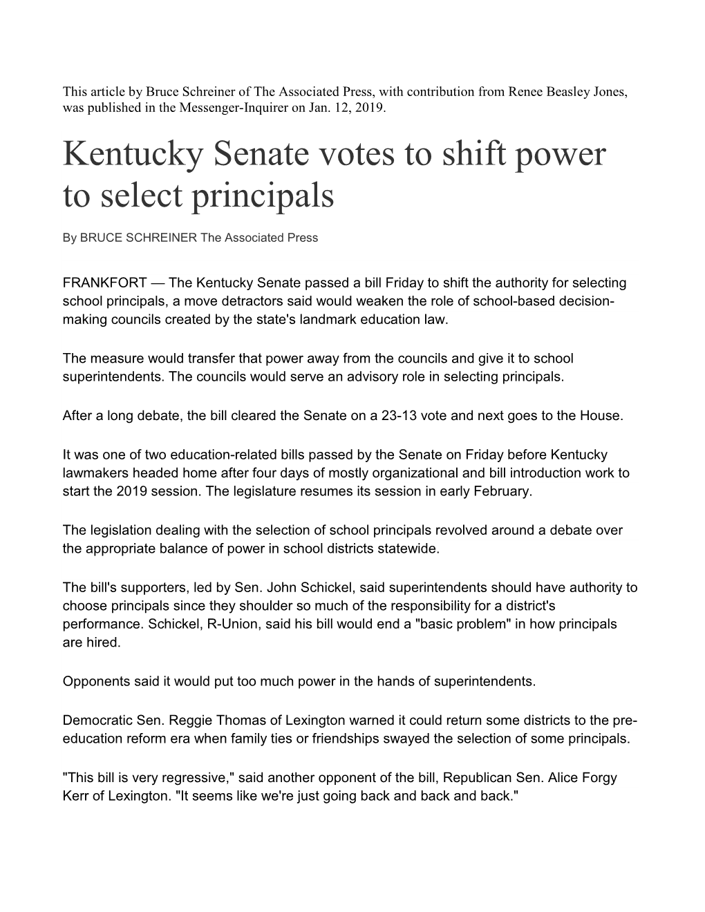 Kentucky Senate Votes to Shift Power to Select Principals