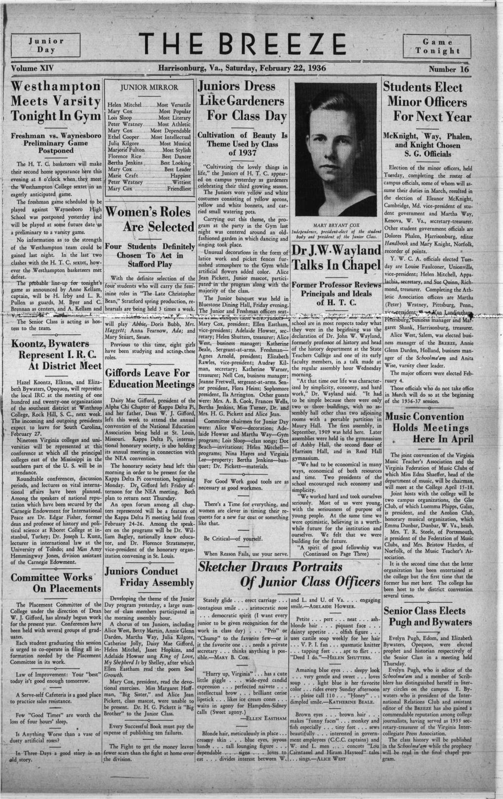 February 22, 1936 Number 16 Westhampton JUNIOR MIRROR Juniors Dress Students Elect