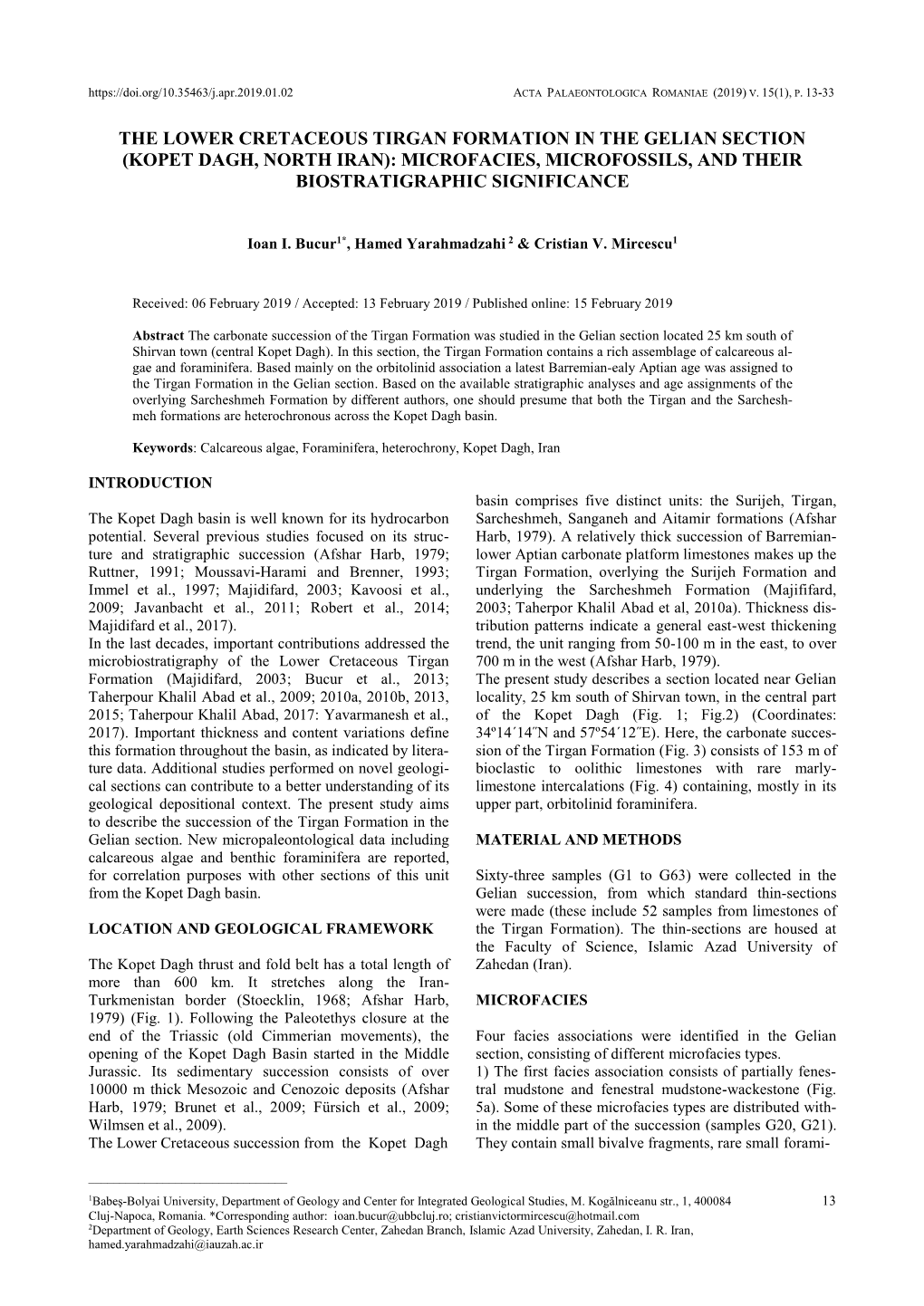 The Lower Cretaceous Tirgan Formation in the Gelian Section (Kopet Dagh, North Iran): Microfacies, Microfossils, and Their Biostratigraphic Significance