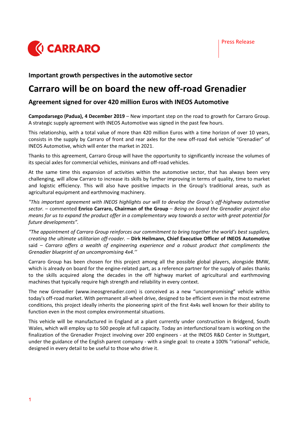 Carraro Will Be on Board the New Off-Road Grenadier Agreement Signed for Over 420 Million Euros with INEOS Automotive