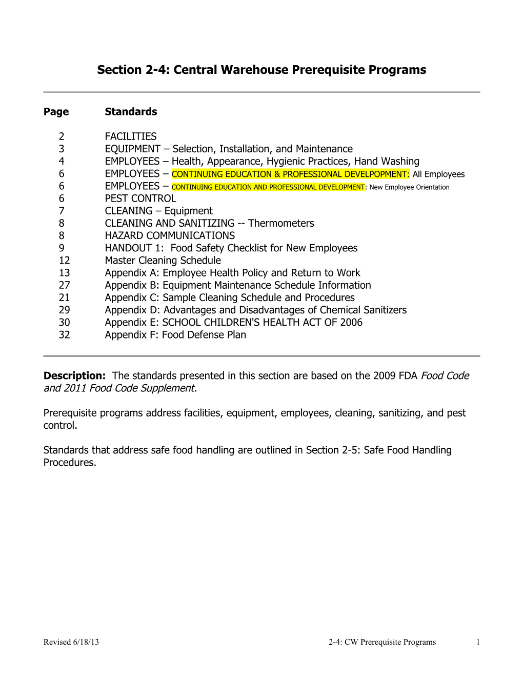 Section 2-4: Central Warehouse Prerequisite Programs