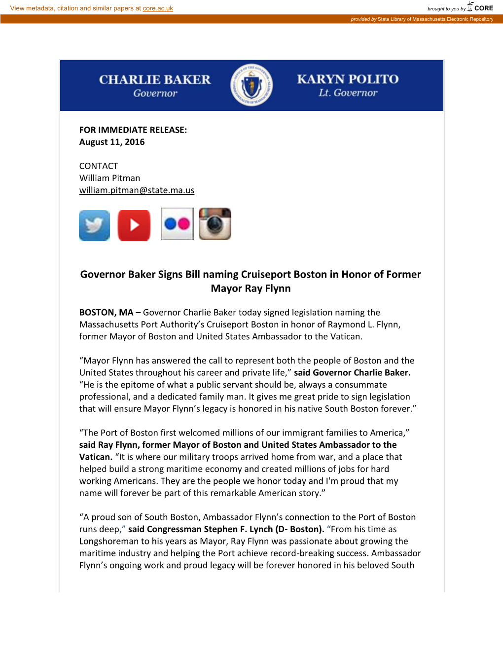 Governor Baker Signs Bill Naming Cruiseport Boston in Honor of Former Mayor Ray Flynn
