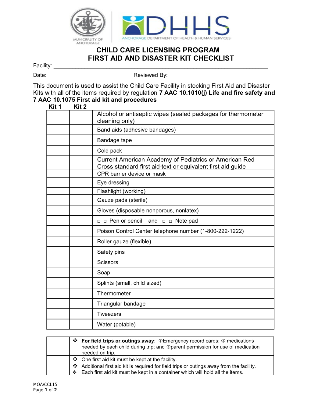 CCL15 First Aid and Disaster Kit Checklist