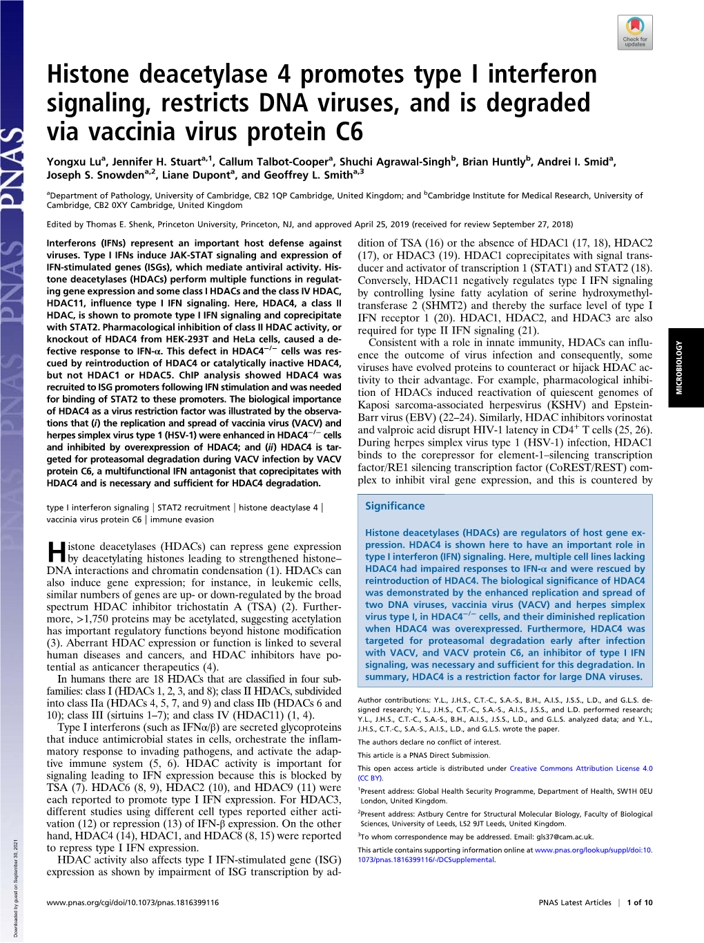 Histone Deacetylase 4 Promotes Type I Interferon Signaling, Restricts DNA Viruses, and Is Degraded Via Vaccinia Virus Protein C6