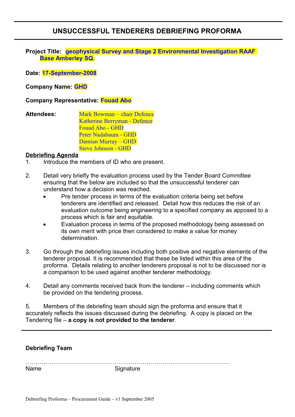 Unsuccessful Tenderers Debriefing Proforma