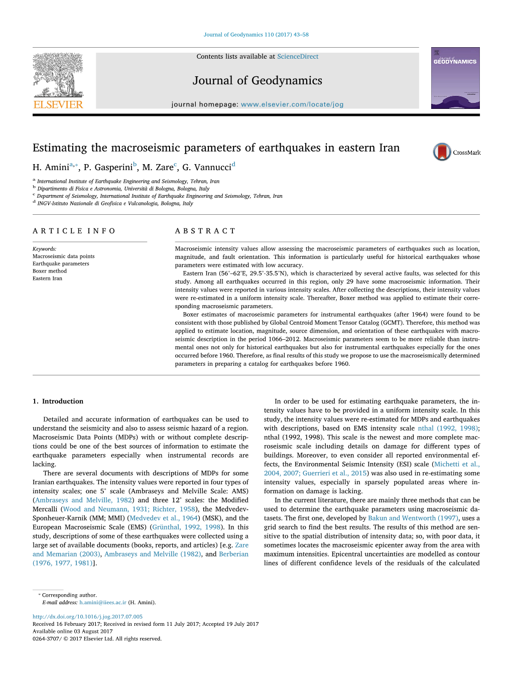 Estimating the Macroseismic Parameters of Earthquakes in Eastern Iran MARK ⁎ H