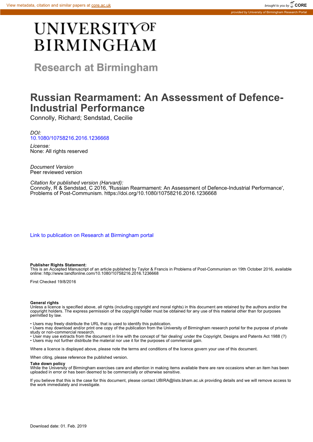 Russian Rearmament: an Assessment of Defence- Industrial Performance Connolly, Richard; Sendstad, Cecilie