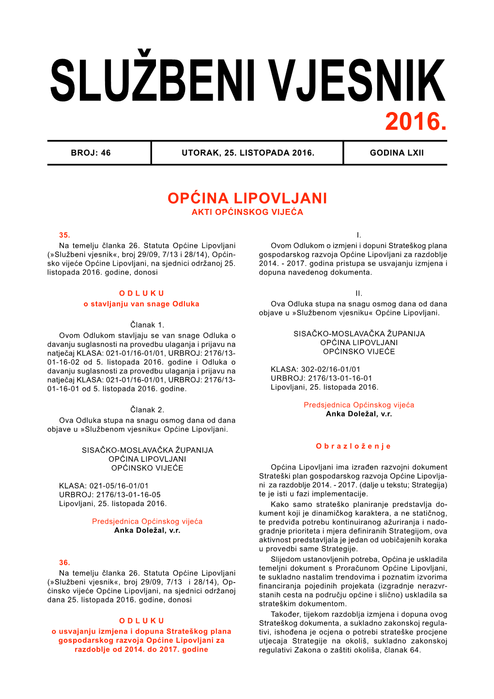 Općina Lipovljani Akti Općinskog Vijeća