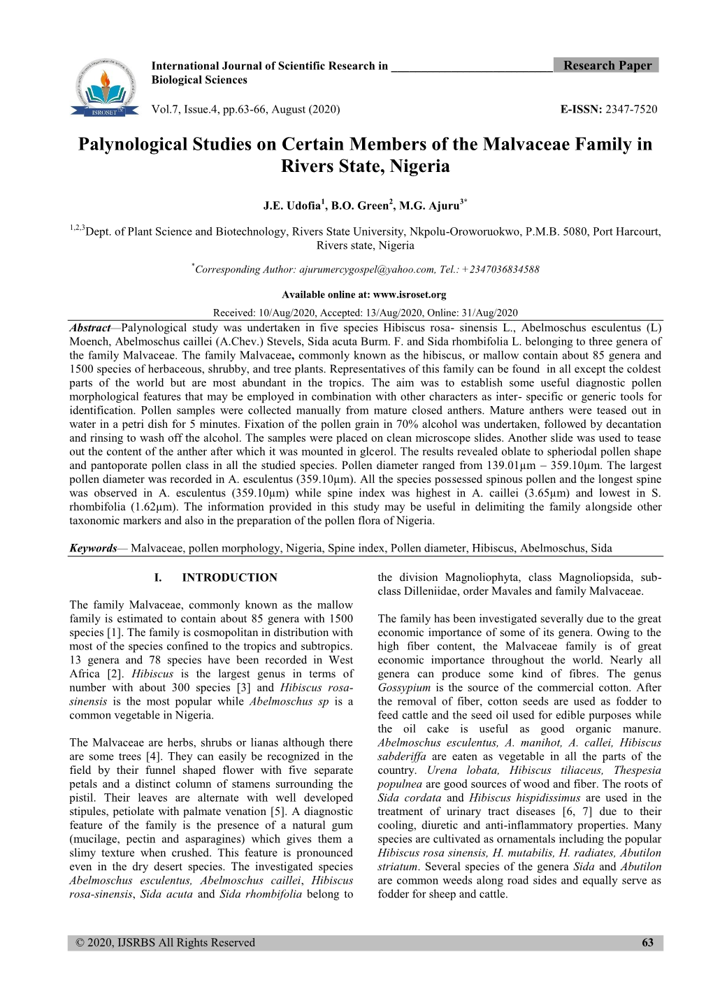 Palynological Studies on Certain Members of the Malvaceae Family in Rivers State, Nigeria