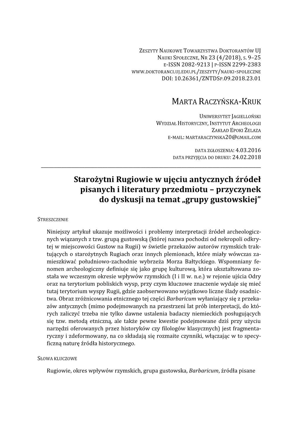 Starożytni Rugiowie W Ujęciu Antycznych Źródeł Pisanych I Literatury Przedmiotu – Przyczynek Do Dyskusji Na Temat „Grupy Gustowskiej”