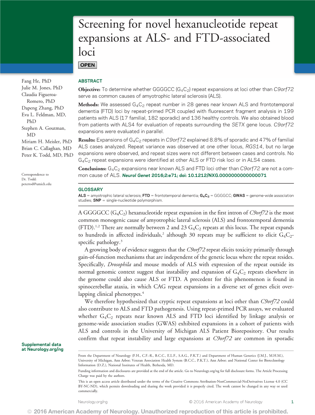 Screening for Novel Hexanucleotide Repeat Expansions at ALS- and FTD-Associated Loci