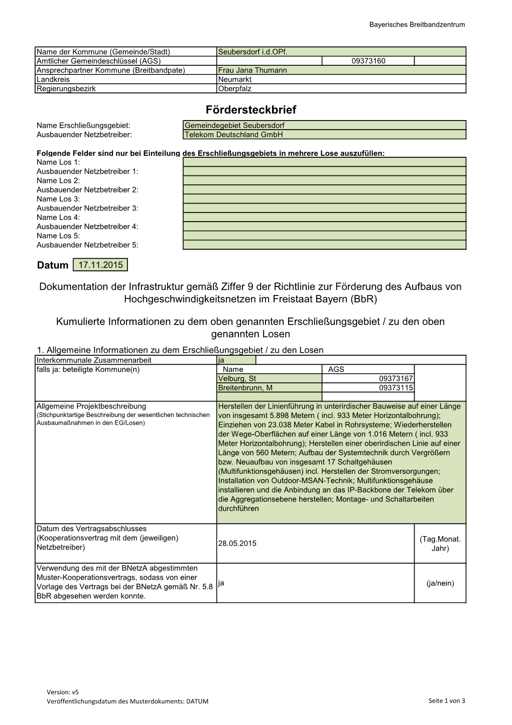 Fördersteckbrief Name Erschließungsgebiet: Gemeindegebiet Seubersdorf Ausbauender Netzbetreiber: Telekom Deutschland Gmbh