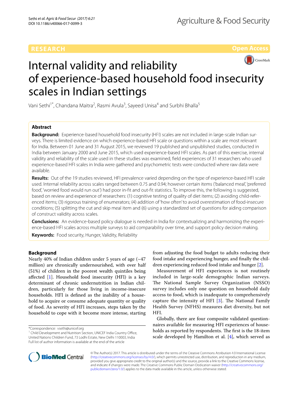 Internal Validity and Reliability of Experience-Based Household Food
