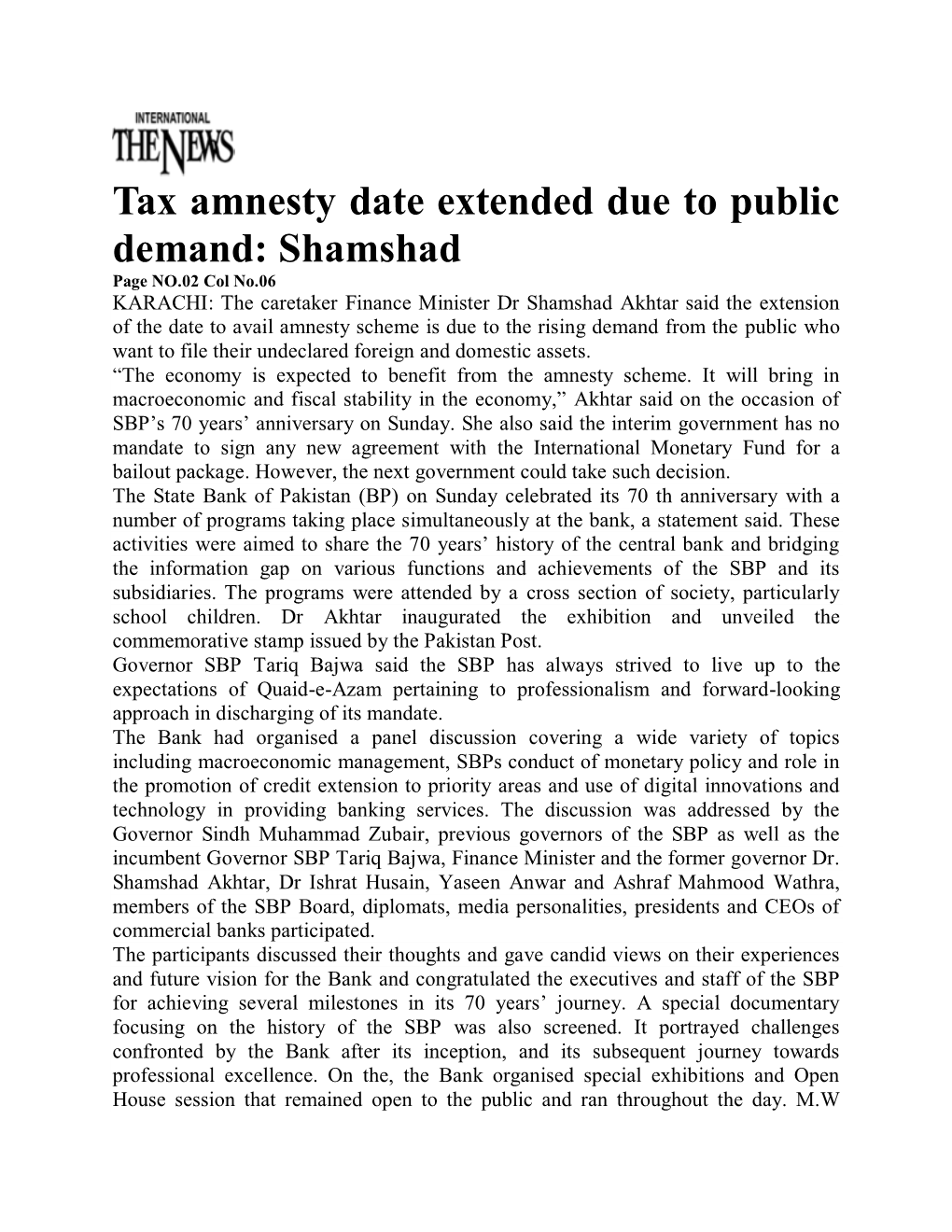 Tax Amnesty Date Extended Due to Public Demand: Shamshad