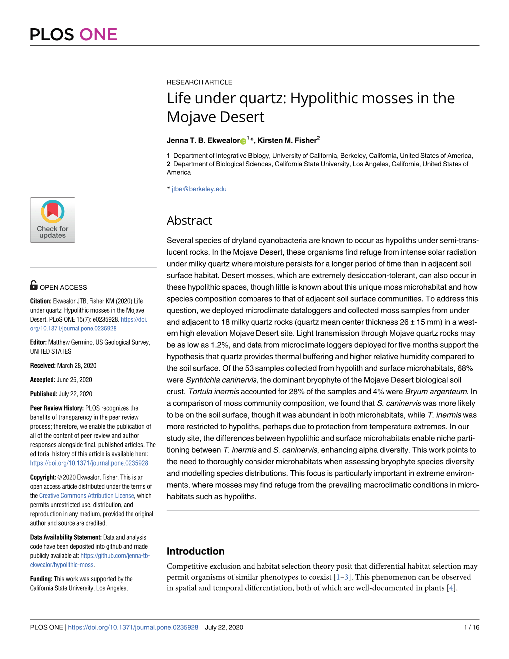 Life Under Quartz: Hypolithic Mosses in the Mojave Desert