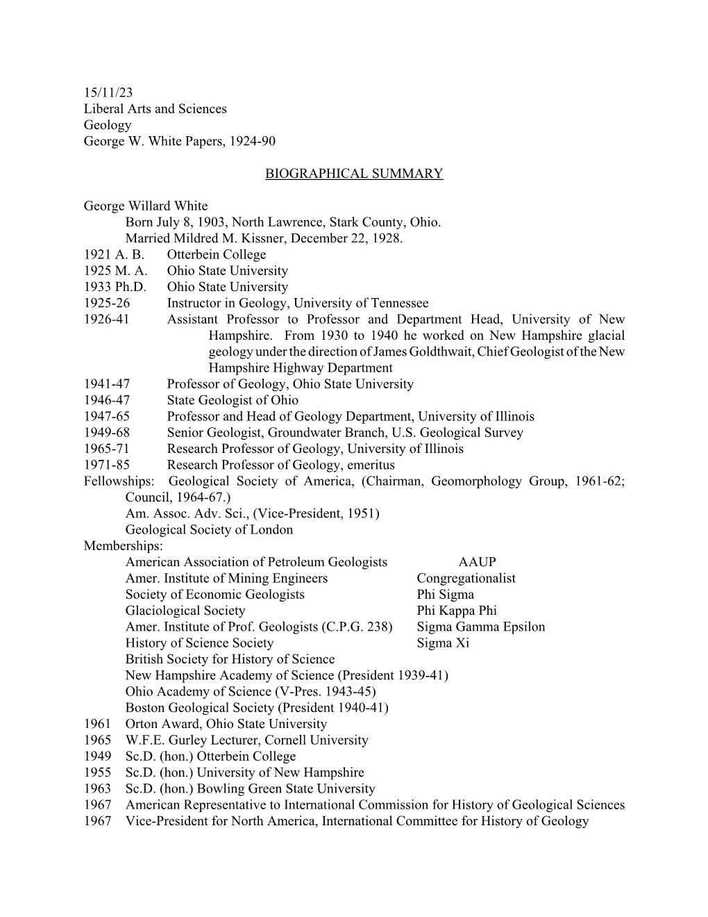 15/11/23 Liberal Arts and Sciences Geology George W. White Papers, 1924-90