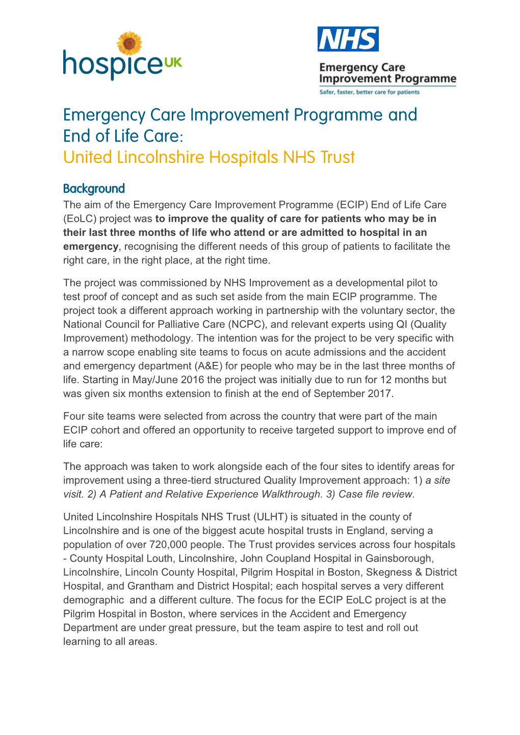 Emergency Care Improvement Programme and End of Life Care: United Lincolnshire Hospitals NHS Trust