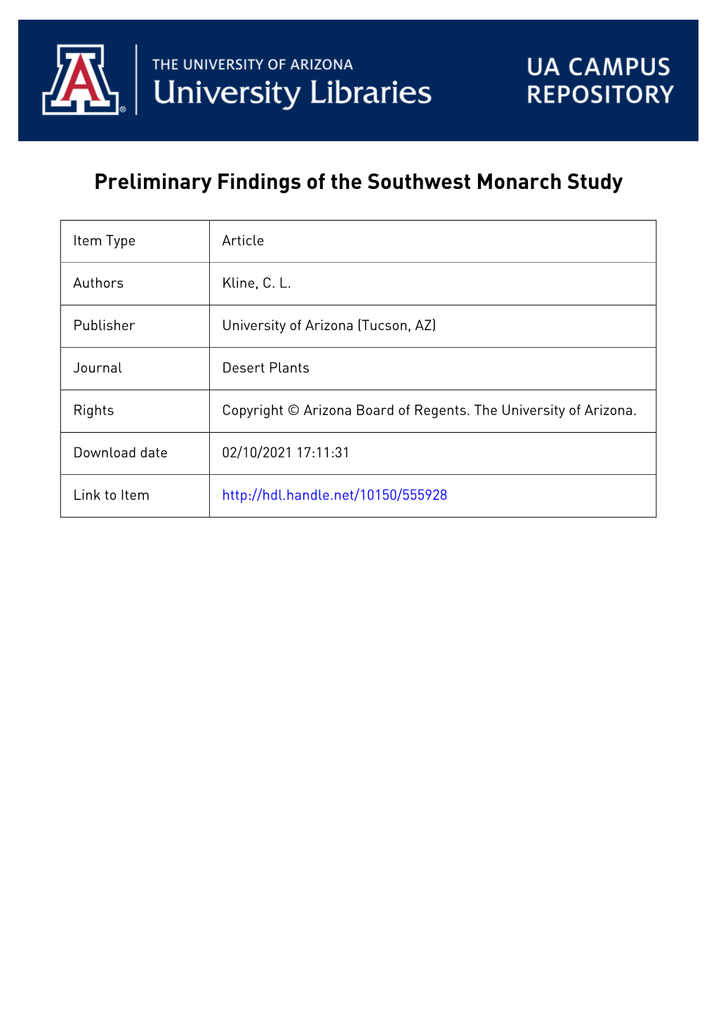 Preliminary Findings of the Southwest Monarch Study