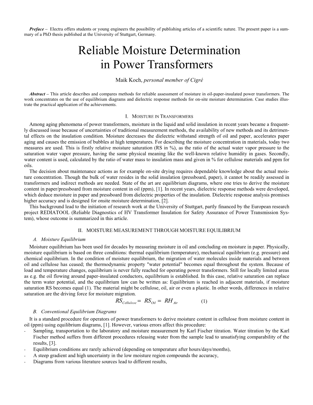 Reliable Moisture Determination in Power Transformers