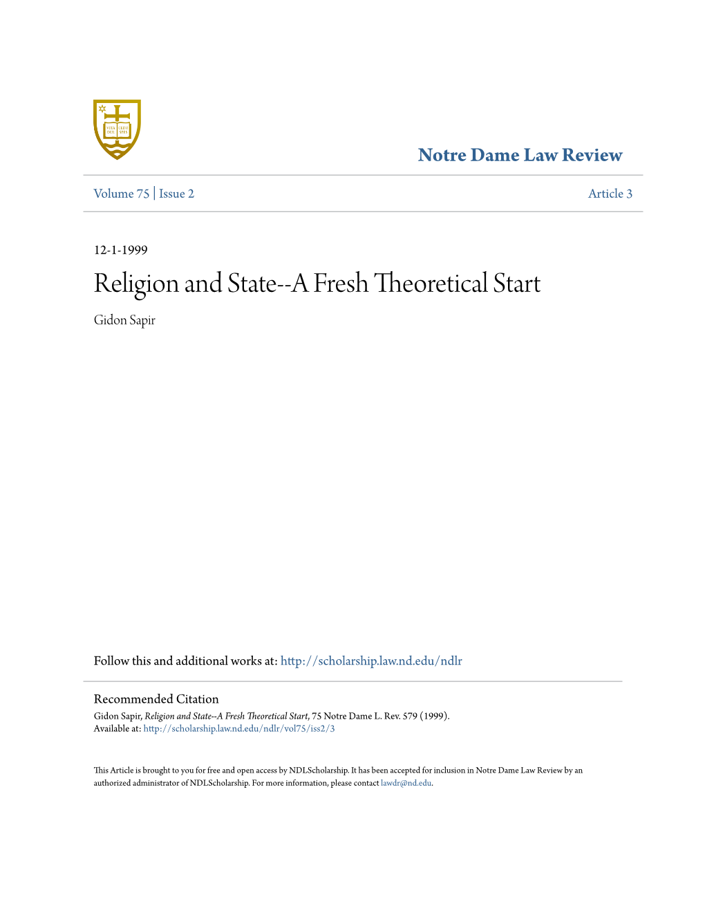 Religion and State--A Fresh Theoretical Start Gidon Sapir