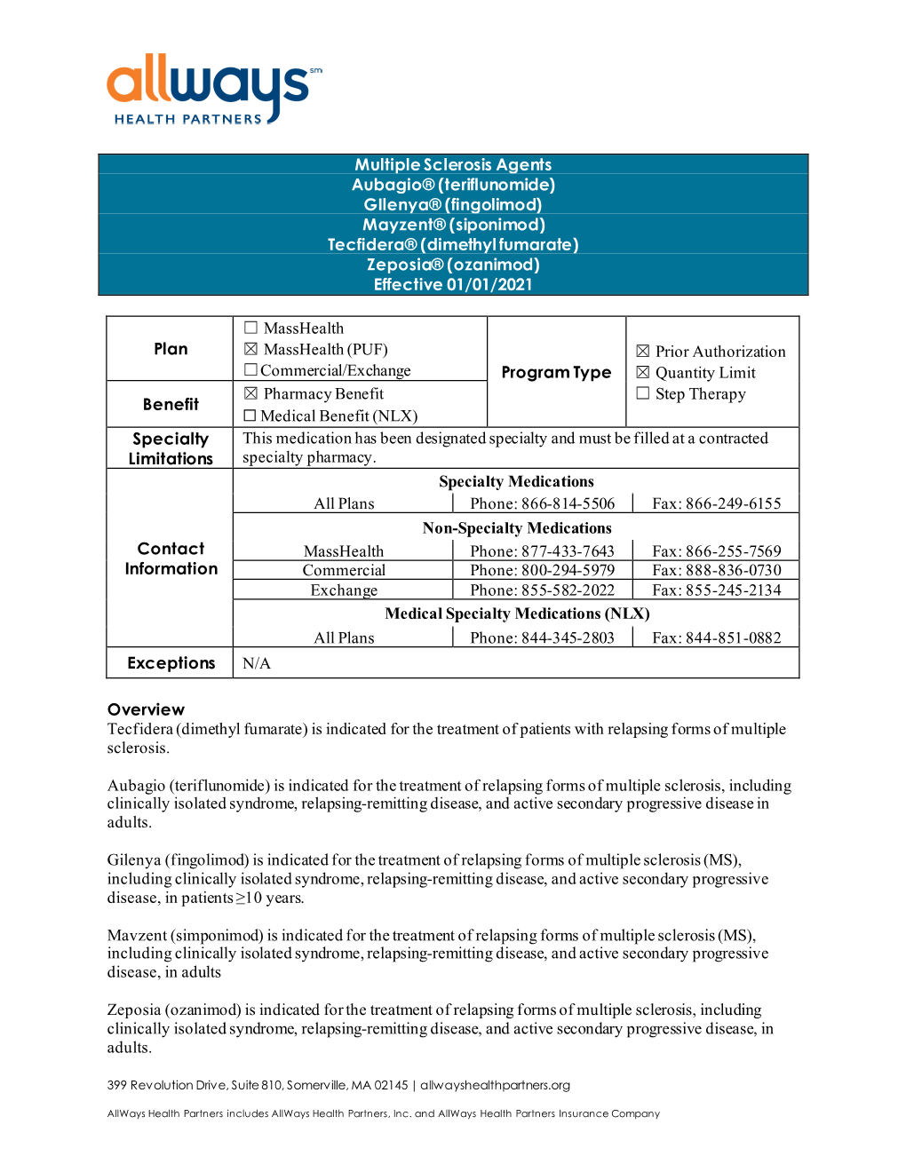 Multiple Sclerosis Agents Aubagio® (Teriflunomide) Gilenya® (Fingolimod) Mayzent® (Siponimod) Tecfidera® (Dimethyl Fumarate) Zeposia® (Ozanimod) Effective 01/01/2021