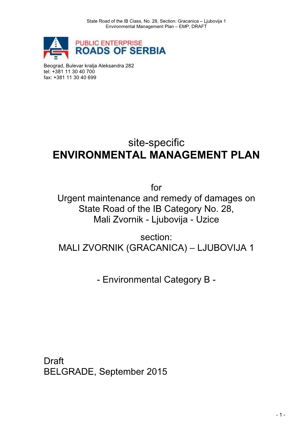 Site-Specific ENVIRONMENTAL MANAGEMENT PLAN