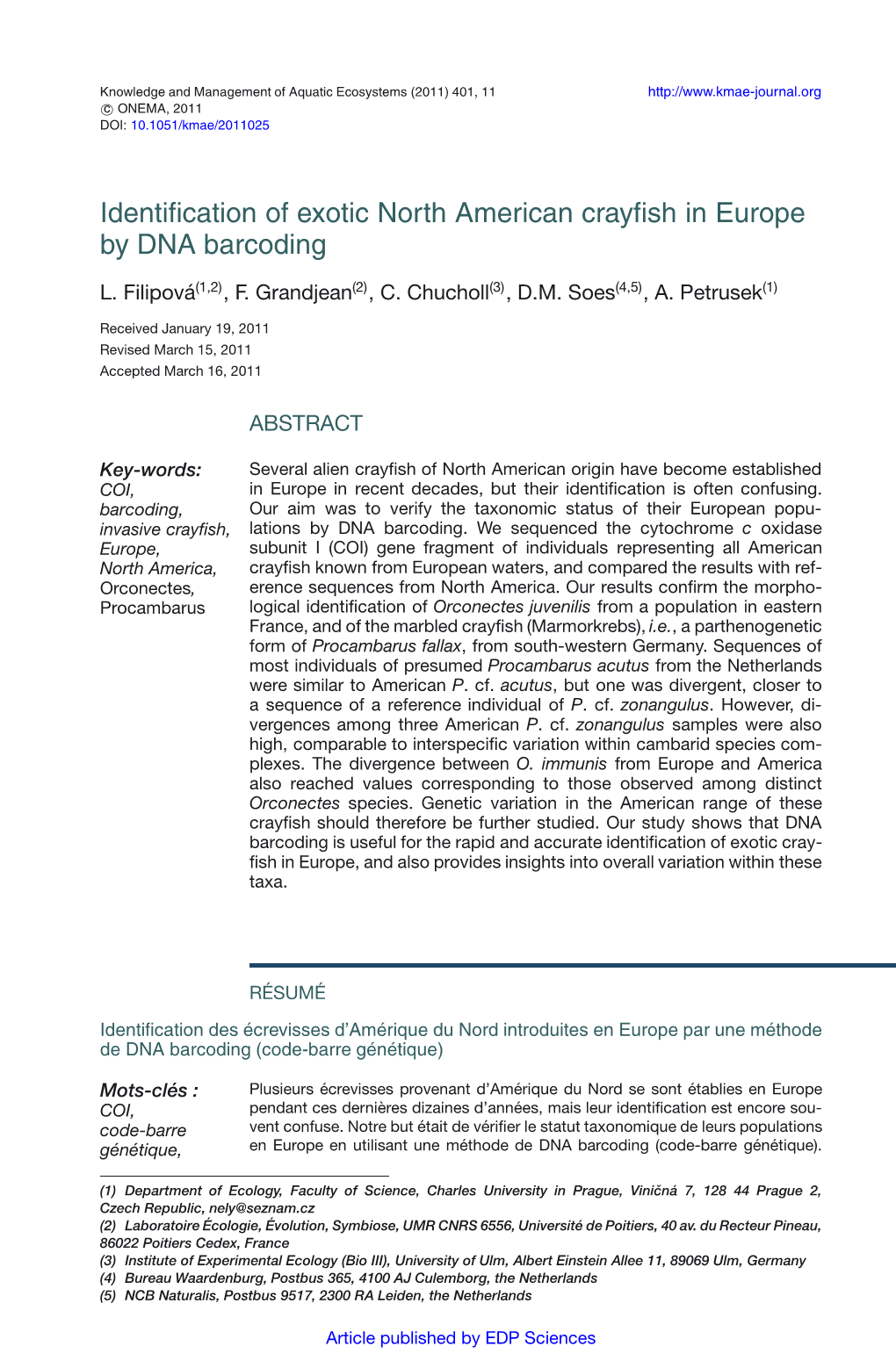 Identification of Exotic North American Crayfish in Europe by DNA Barcoding