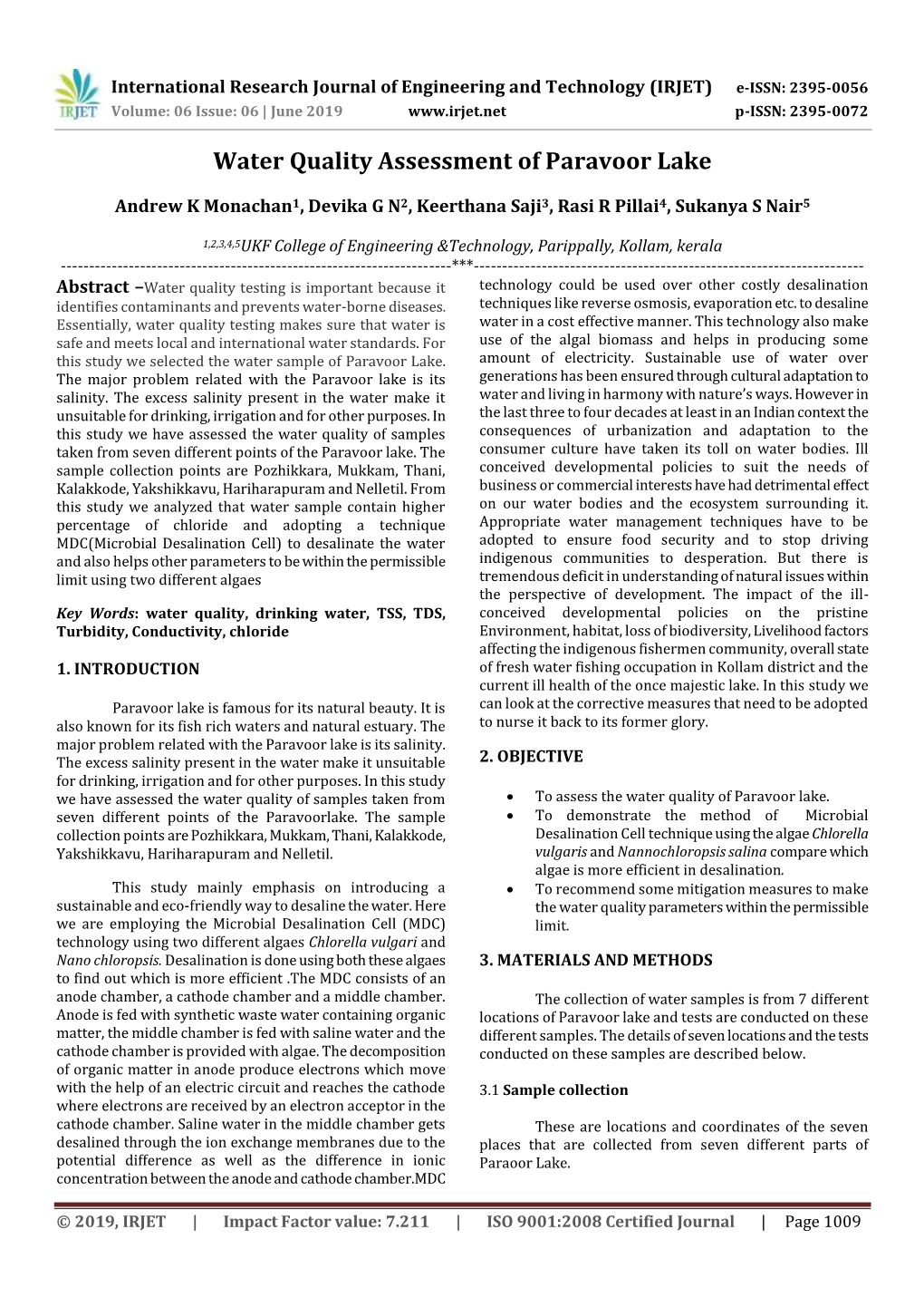 Water Quality Assessment of Paravoor Lake