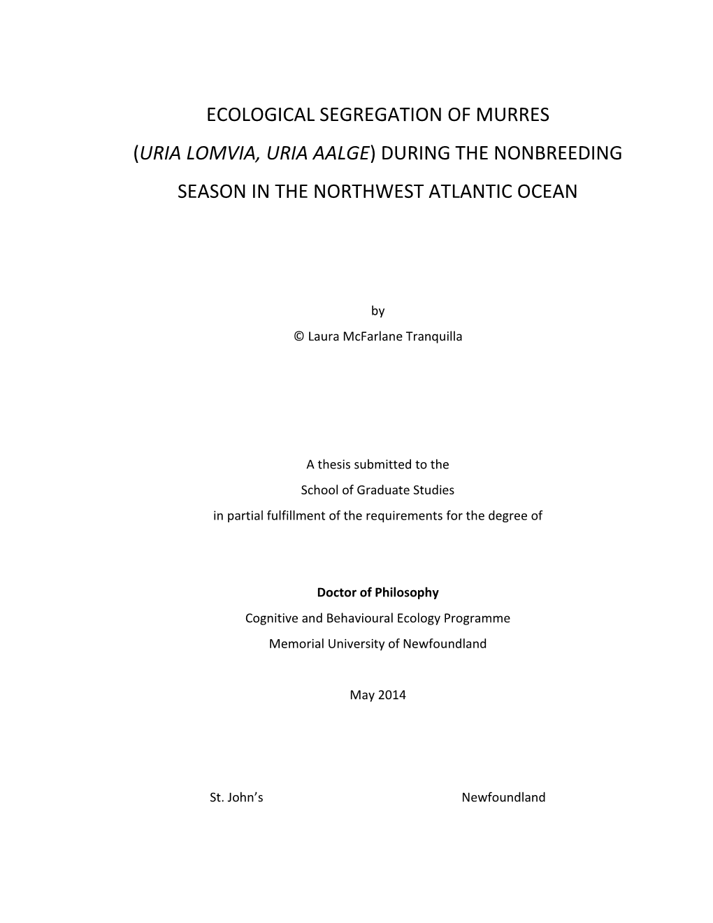 Uria Lomvia, Uria Aalge) During the Nonbreeding Season in the Northwest Atlantic Ocean