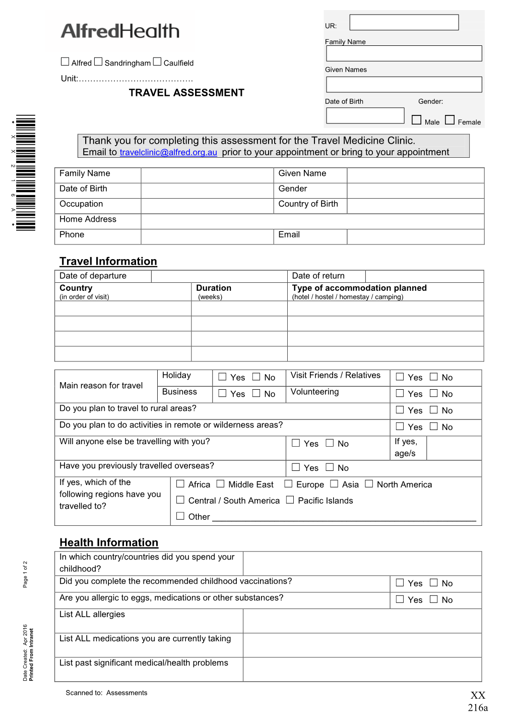 Travel Assessment Form