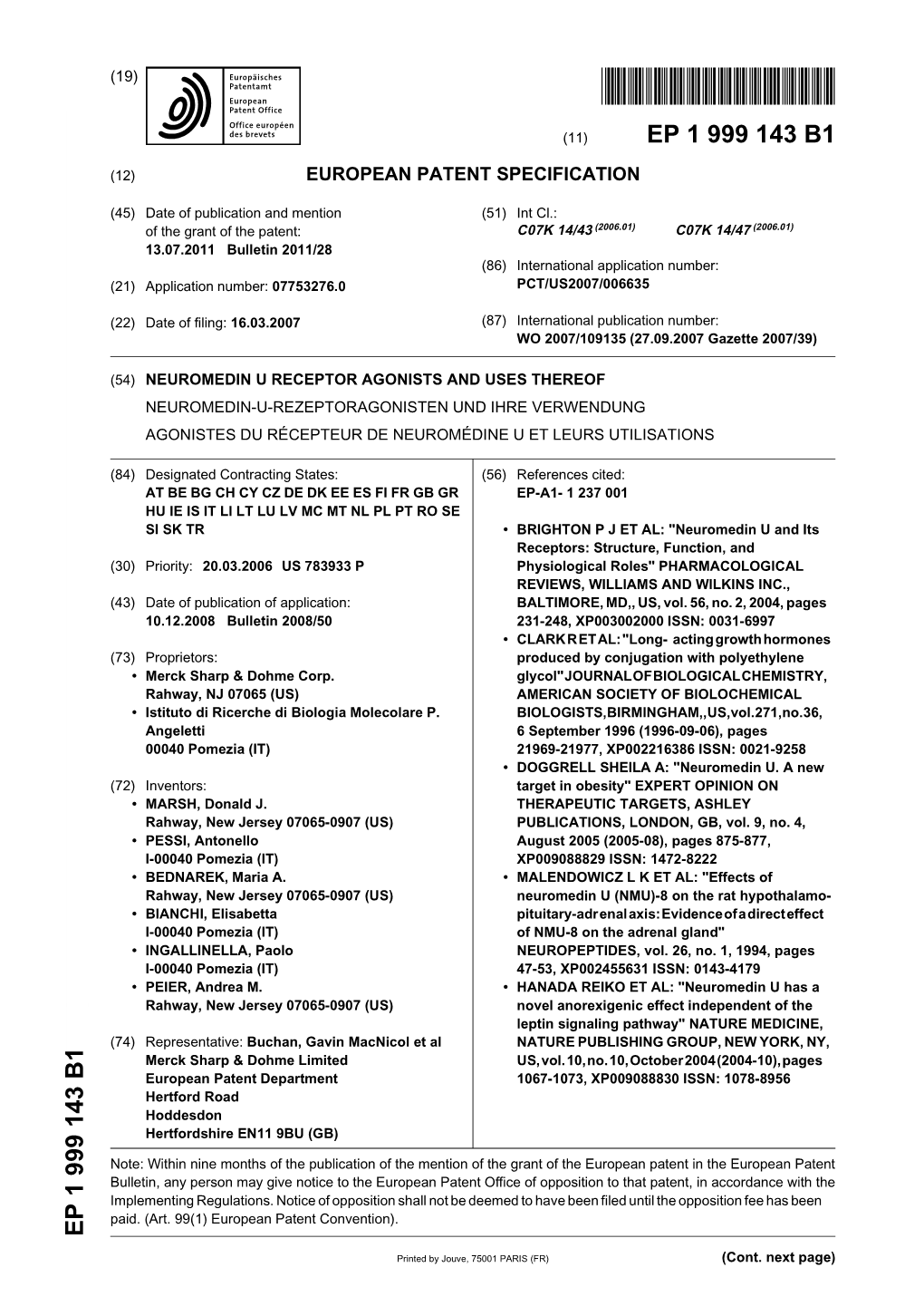 Neuromedin U Receptor Agonists and Uses Thereof Neuromedin-U-Rezeptoragonisten Und Ihre Verwendung Agonistes Du Récepteur De Neuromédine U Et Leurs Utilisations