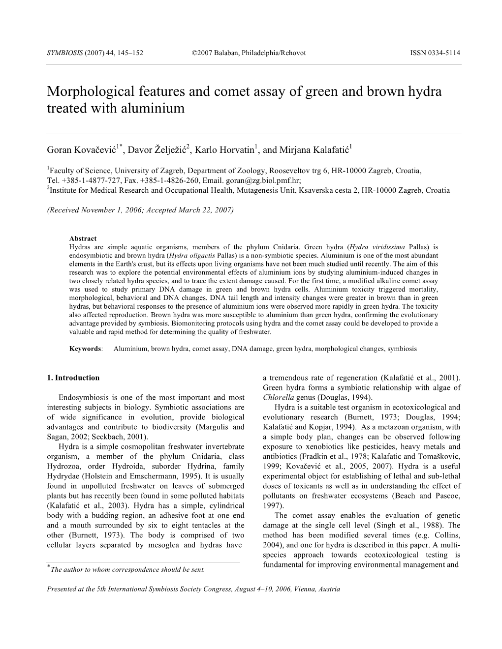 Morphological Features and Comet Assay of Green and Brown Hydra Treated with Aluminium