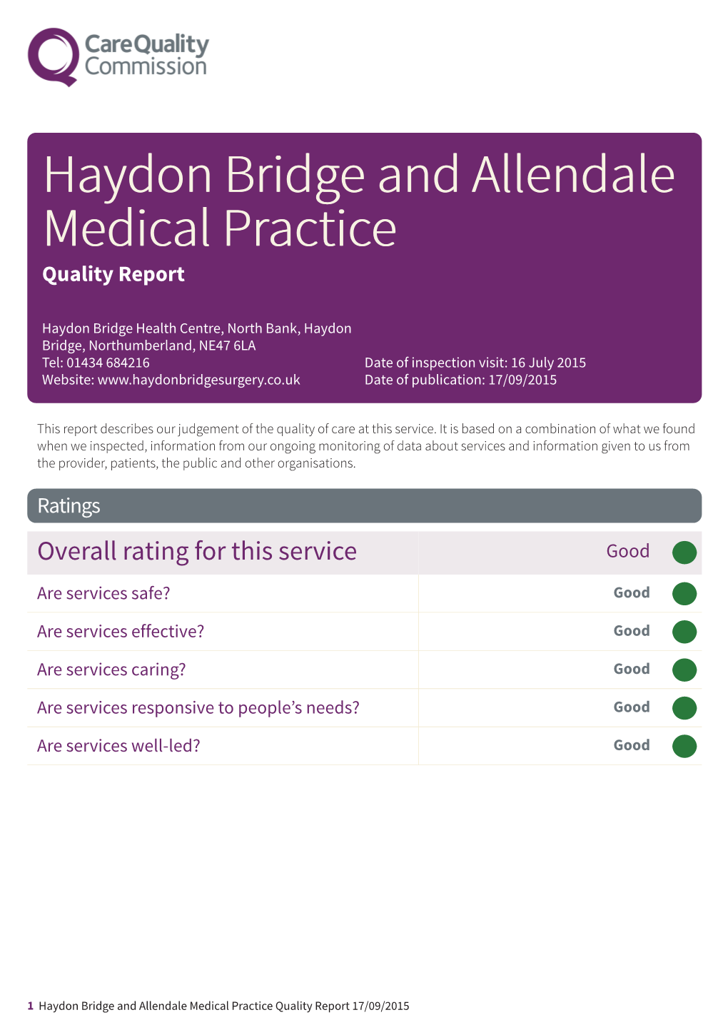 Haydon Bridge and Allendale Medical Practice Quality Report