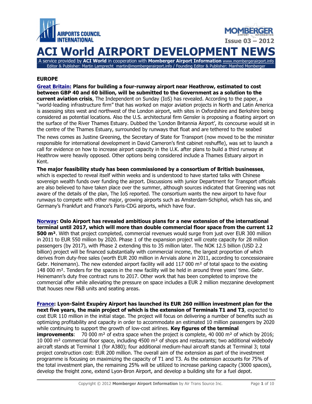 ACI World Airport Development News: Issue 03 – 2012