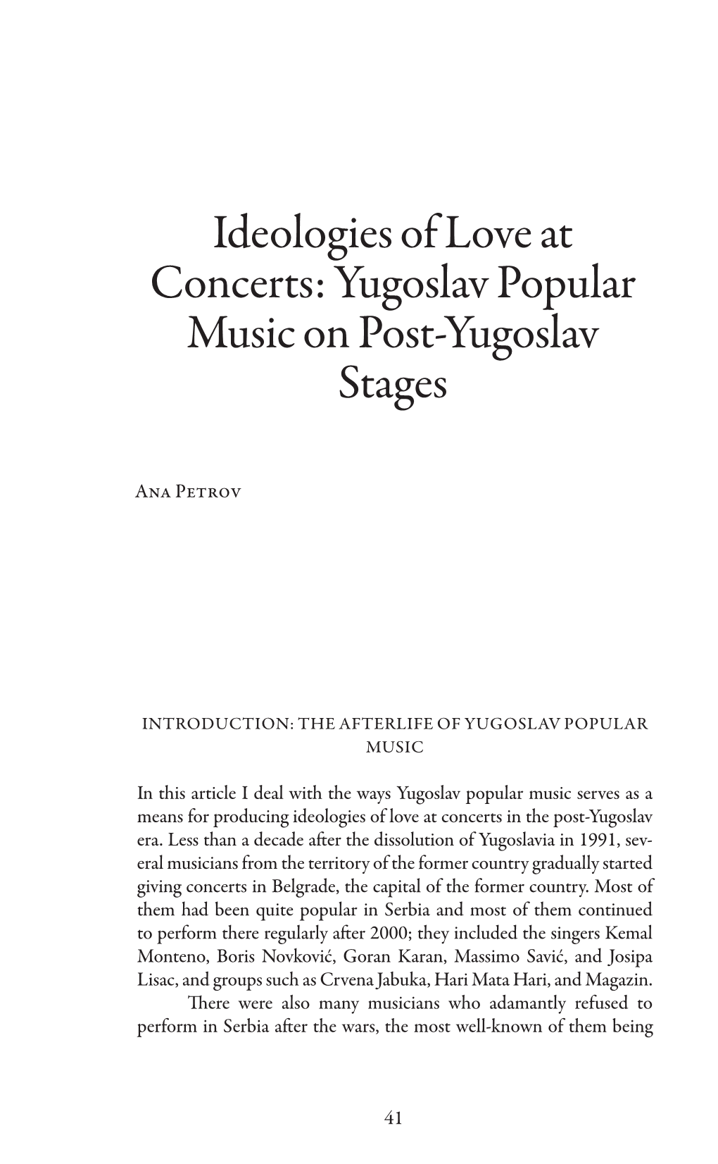 Ideologies of Love at Concerts: Yugoslav Popular Music on Post-Yugoslav Stages